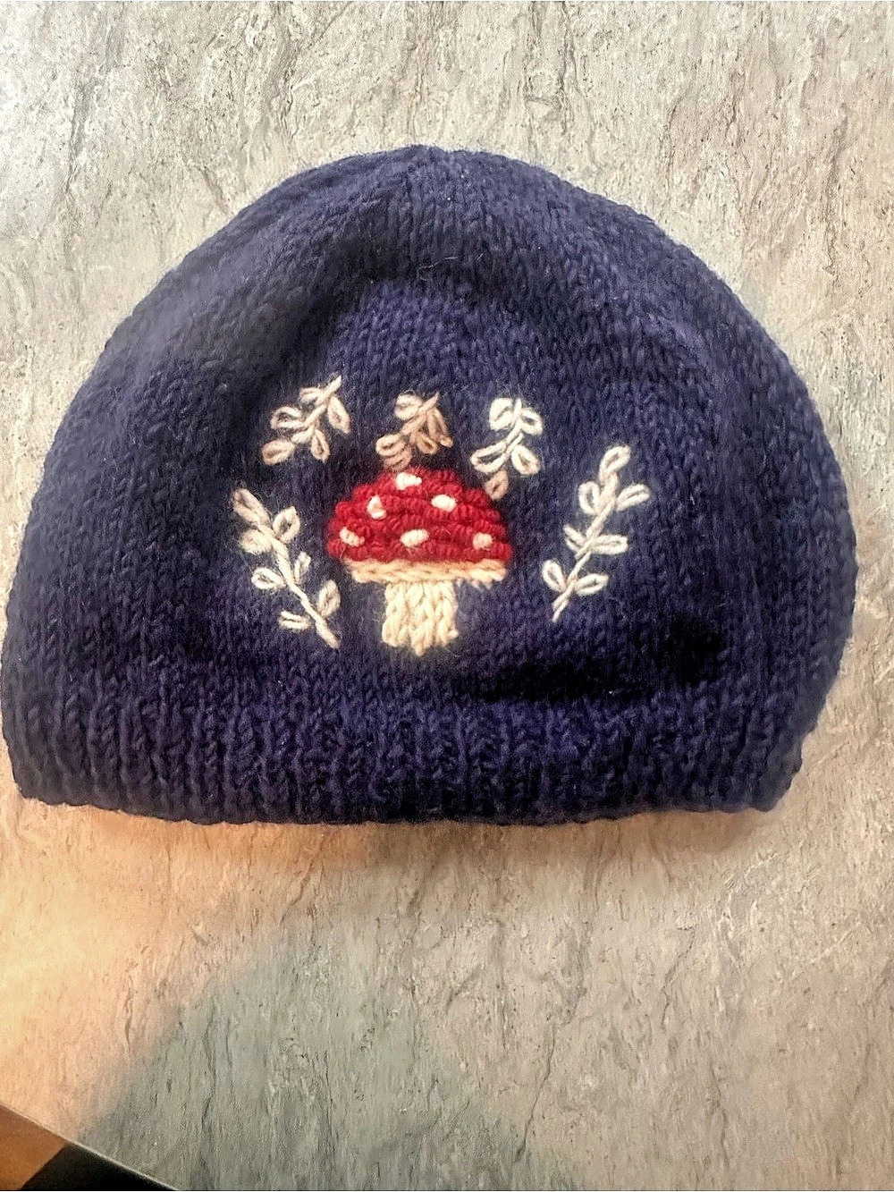 GaneshHimal Wool Beanie Hat Embroidered Mushroom Hand Knit Nepal Fleece Lined Bl